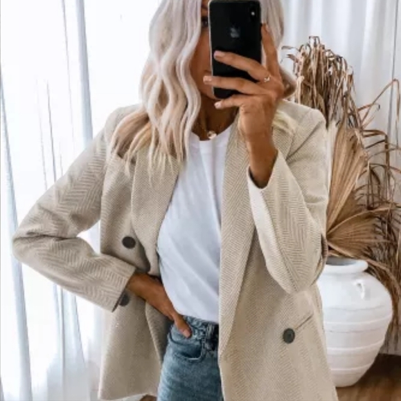 🙂New Chevron Ribbed Double Breasted Lapel Collar Blazer - Picture 10 of 16